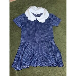 Vintage 70s‎ Girls Navy Blue White Polka Dot Collared A Line Dress 4t